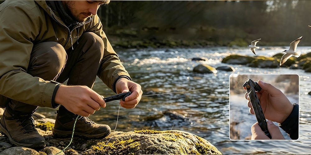 Angler on river with fly threader